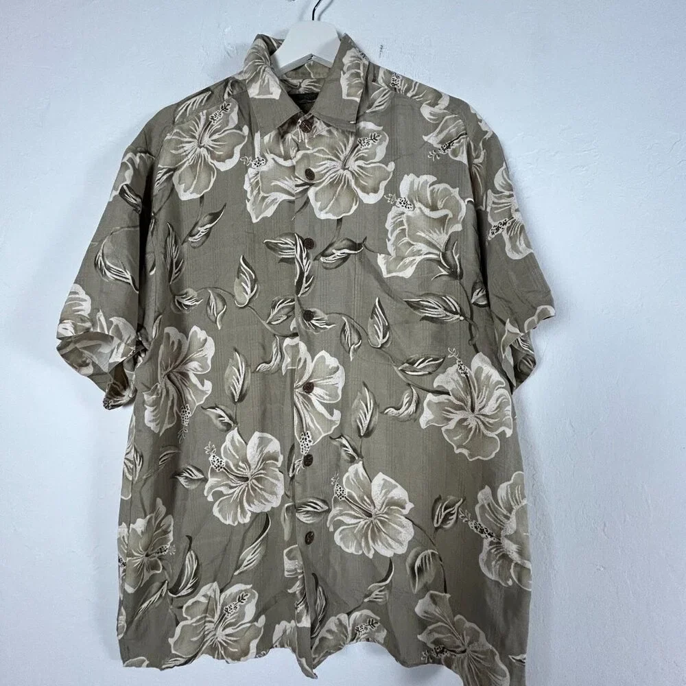 Hawaiian Reserve Collection Men's Hawaiian Shirt Silk Floral Green Size Medium